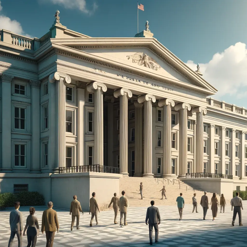 A realistic depiction of the United States Treasury Department building in Washington, D.C