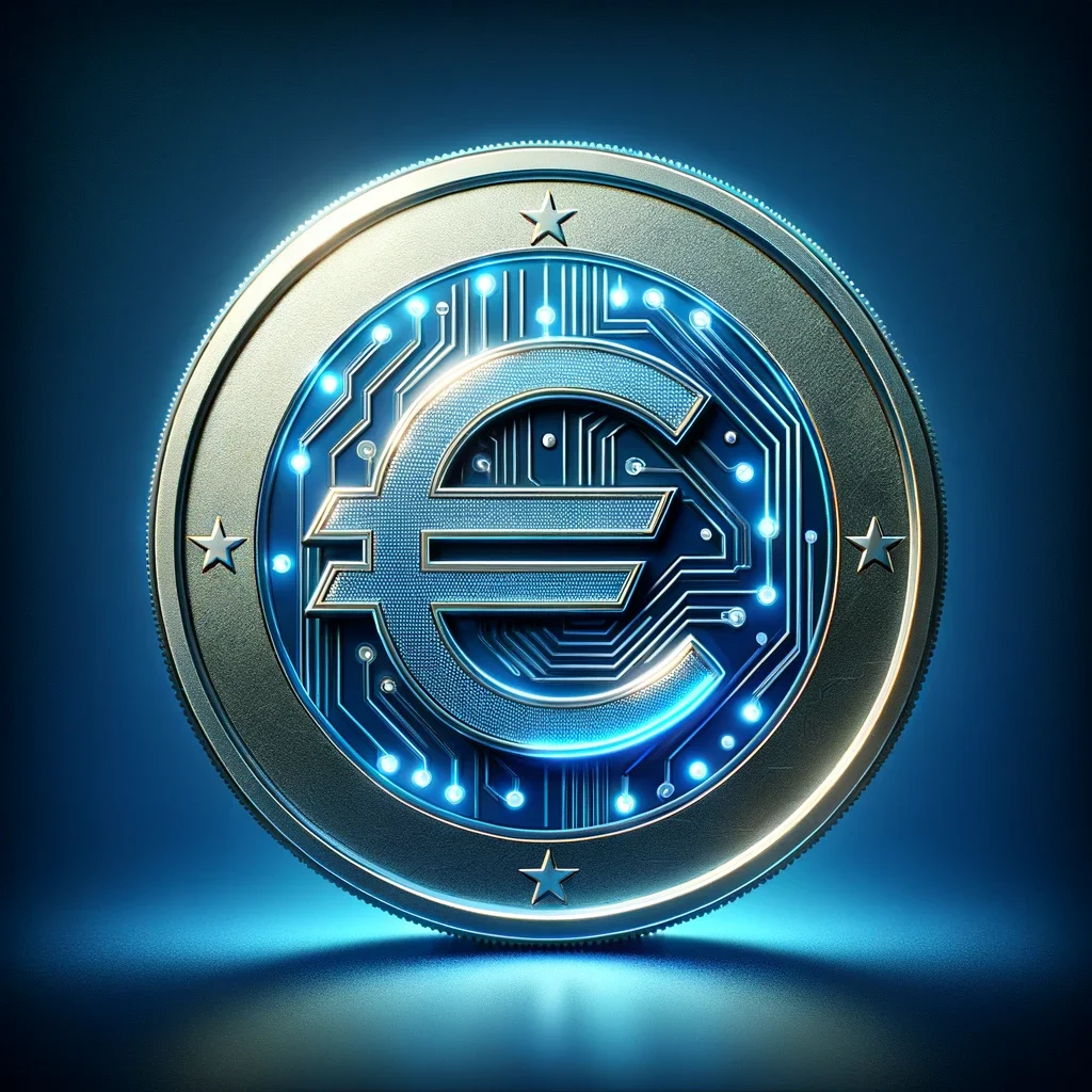 A shiny digital euro coin glowing with a blue and silver color scheme, featuring the euro symbol (€) prominently in the center