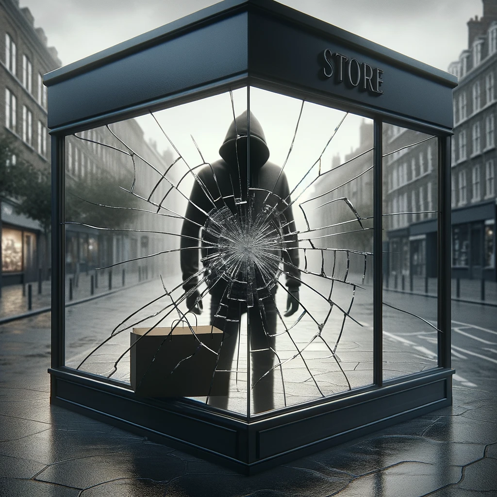 Broken store window, symbolically reflecting the loss of community trust and security due to retail theft
