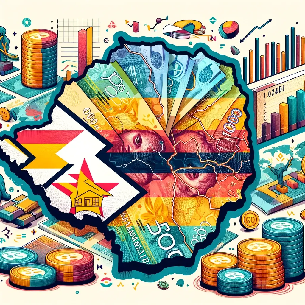 Map of Zimbabwe with the capital, Harare, highlighted prominently. Around the map, currency reform with coins paper money and charts
