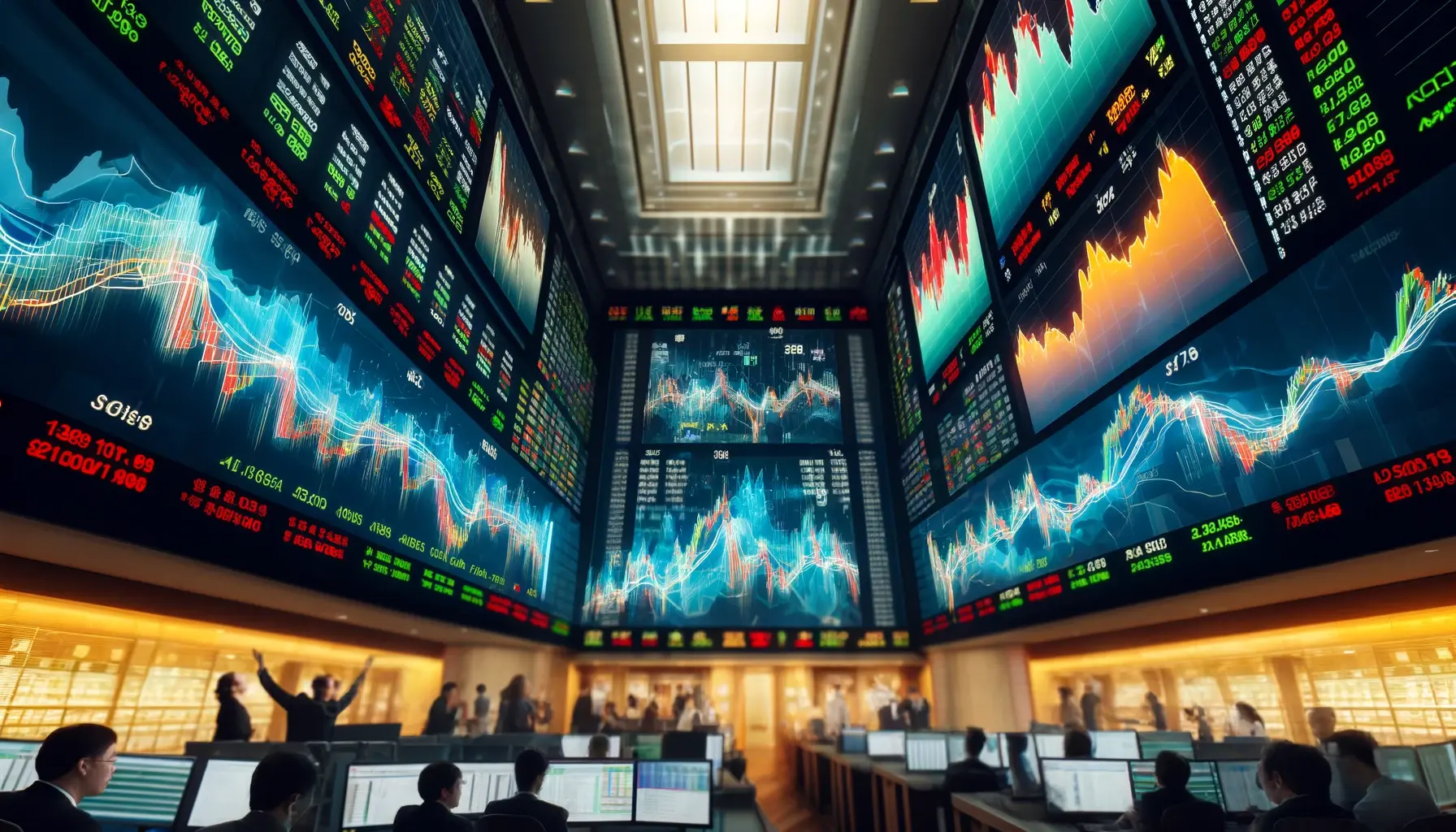 stock market floor with stock brokers and stock market screens on top