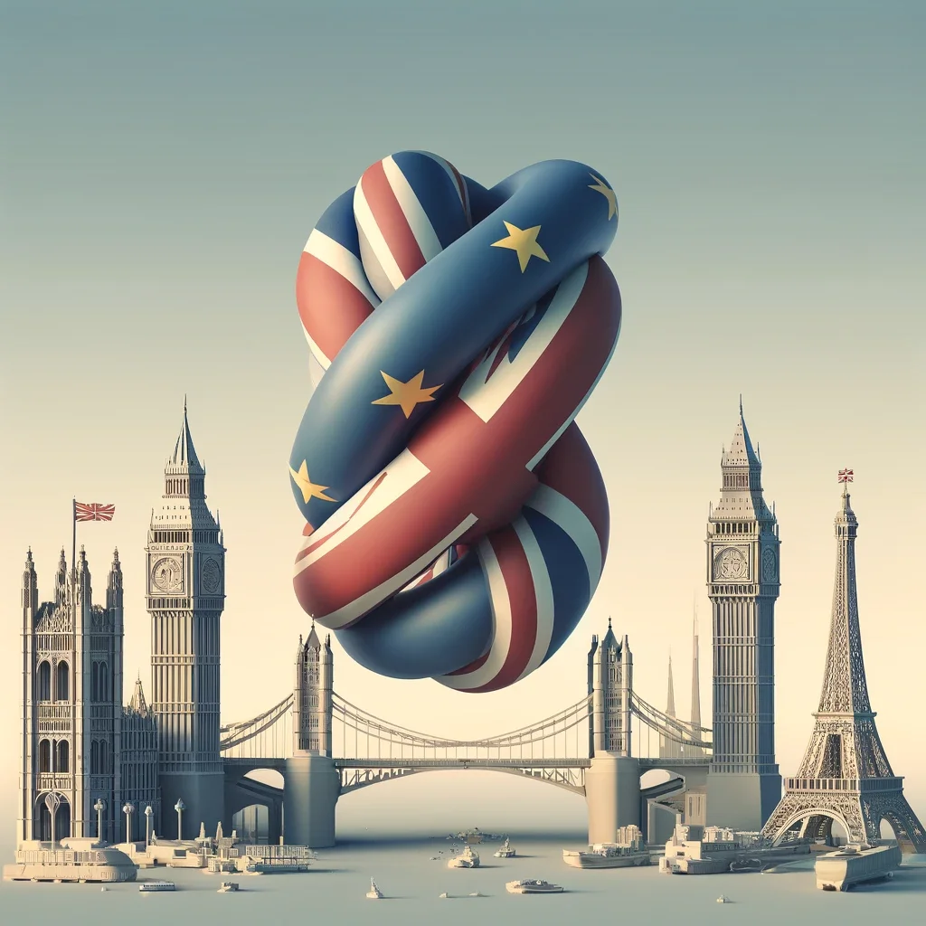 United-Kingdom-and-the-European-Union.-Show-two-large-flags-one-of-the-UK-and-one-of-the-EU-intertwined with London bridge and Eifel tower at the background