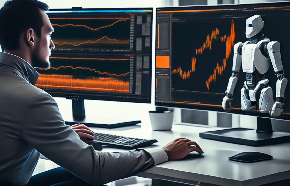 Man staring at dual-screen understanding AI Trading