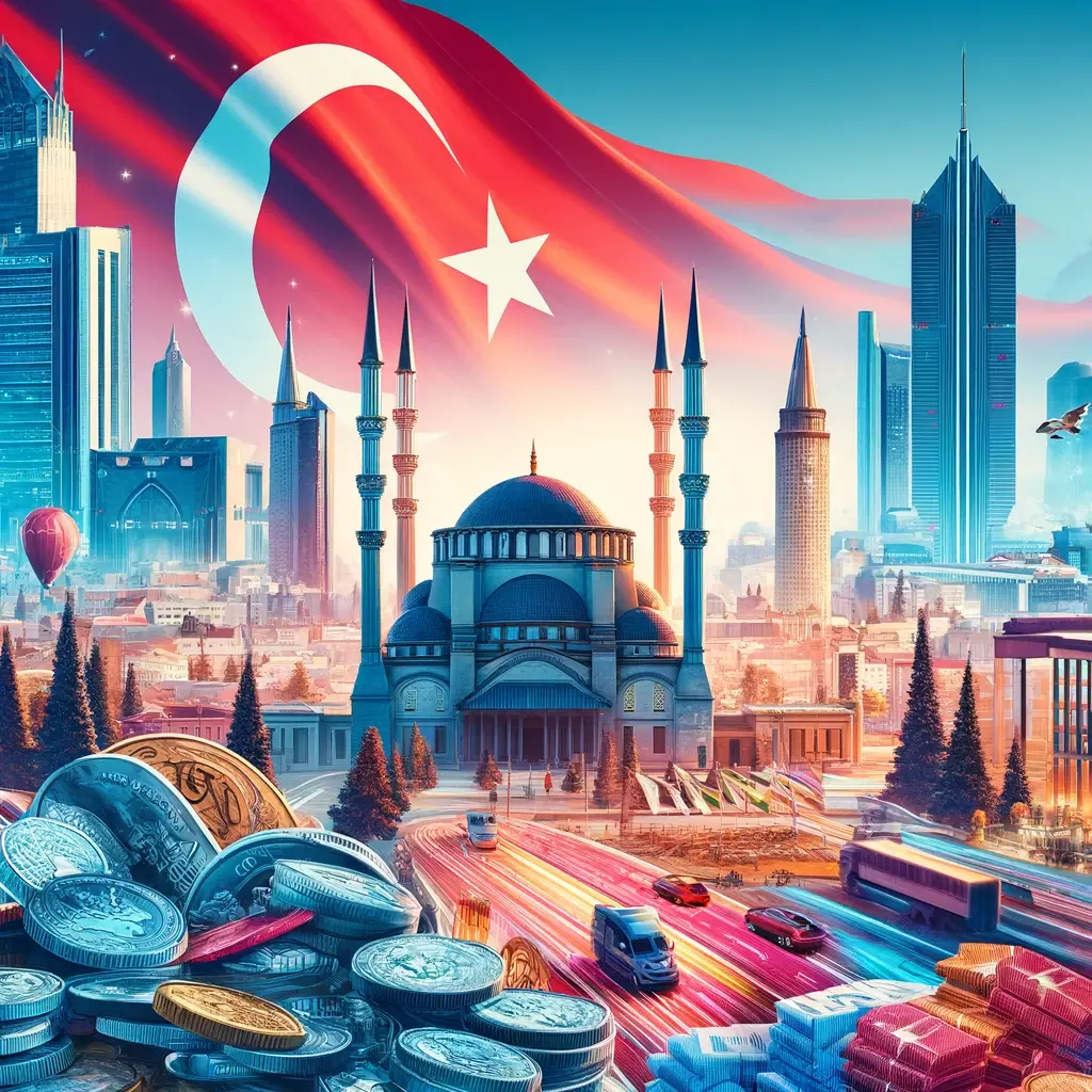 Vibrant cityscape of Ankara, Turkey, with coins and currency on the foreground and Turkish flag for background