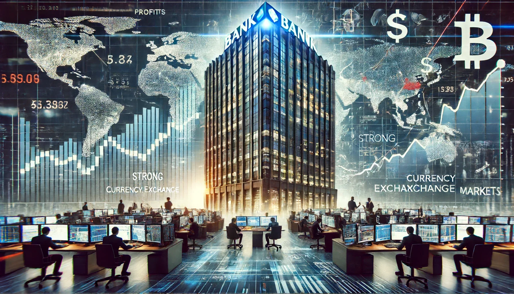 Bank building surrounded by bankers and brokers