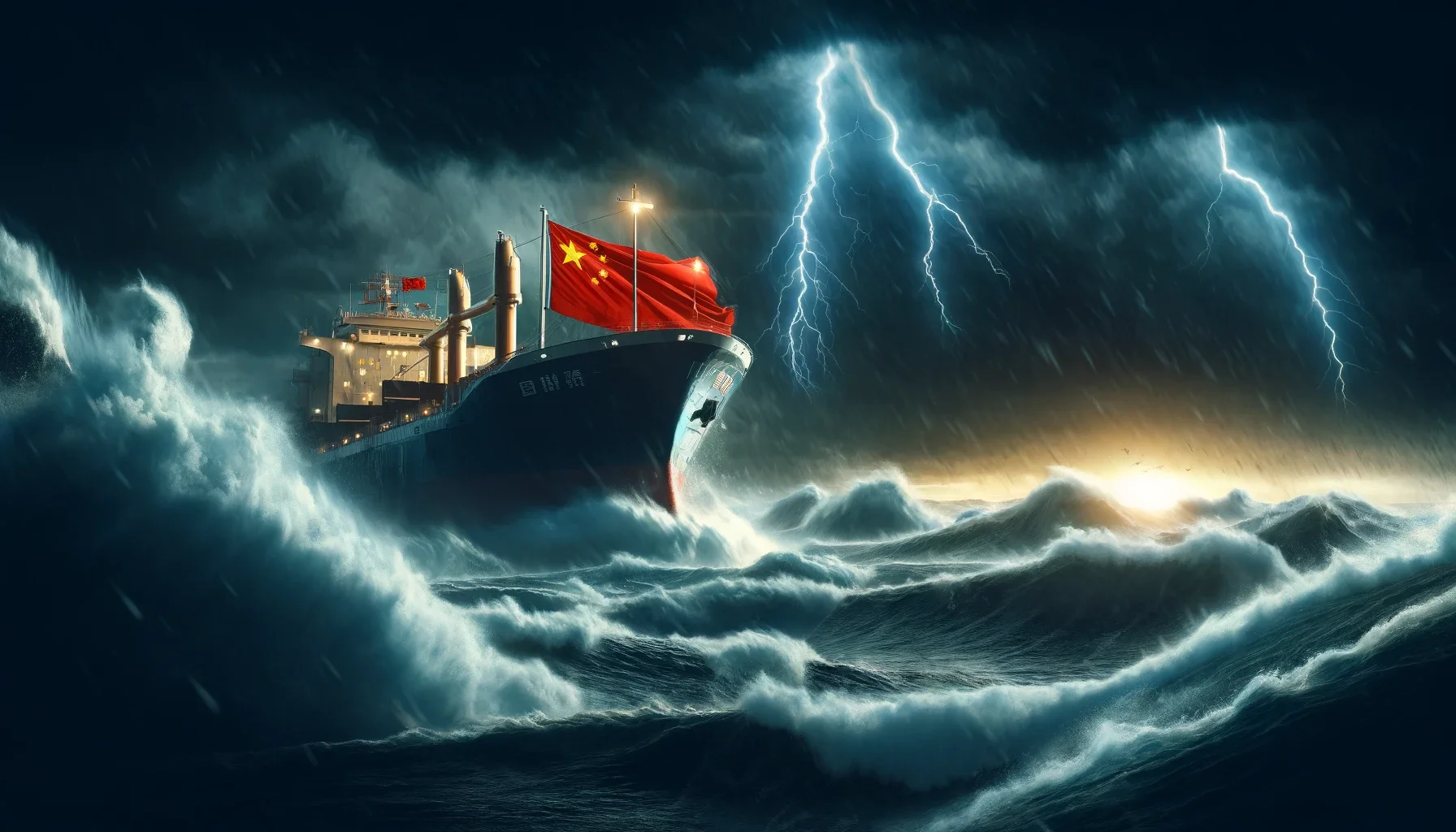 Chinas-economy-as-a-large-ship-navigating-through-stormy-seas.-The-ship-is-emblazoned-with-the-Chinese-flag