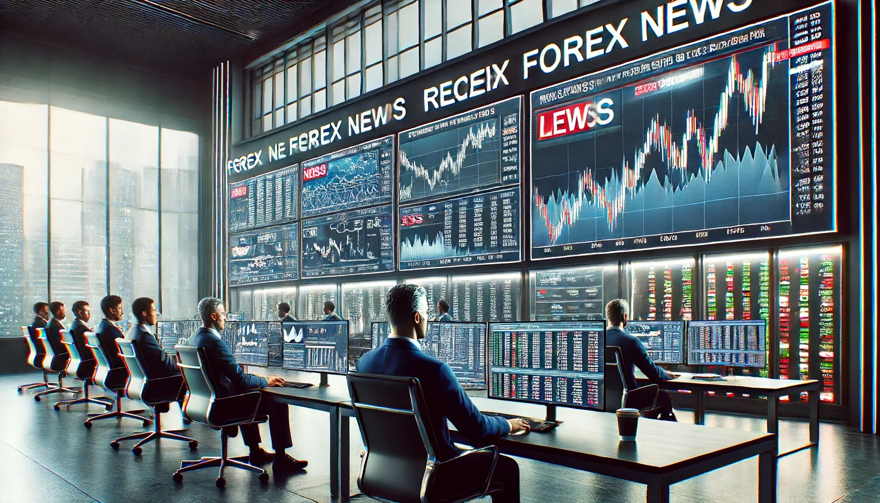 Forex-trading-room-with-multiple-large-screens-prominently-displaying-recent-Forex-news-headlines-and-charts