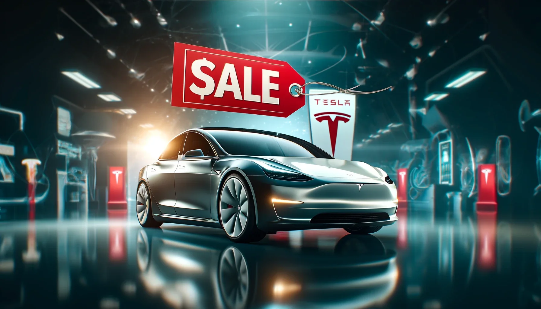 Tesla-electric-car-with-a-prominent-price-tag-indicating-a-significant-price-cut.-The-car-should-be-sleek-and-modern