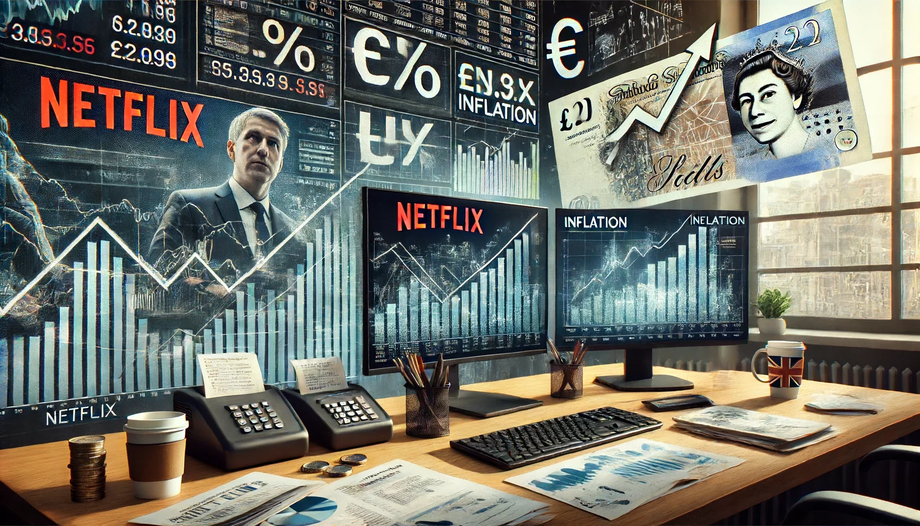Netflix stock on BG with desk table and 2 monitors with bullish trendline impact on currency trading