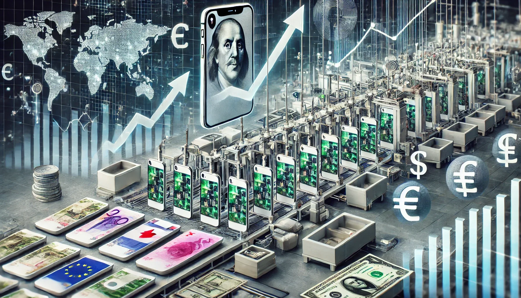 the impact of iPhone production on global currencies. It includes an assembly line of iPhones in a factory setting, surrounded by floating images of various global currencies, and background charts showing economic data