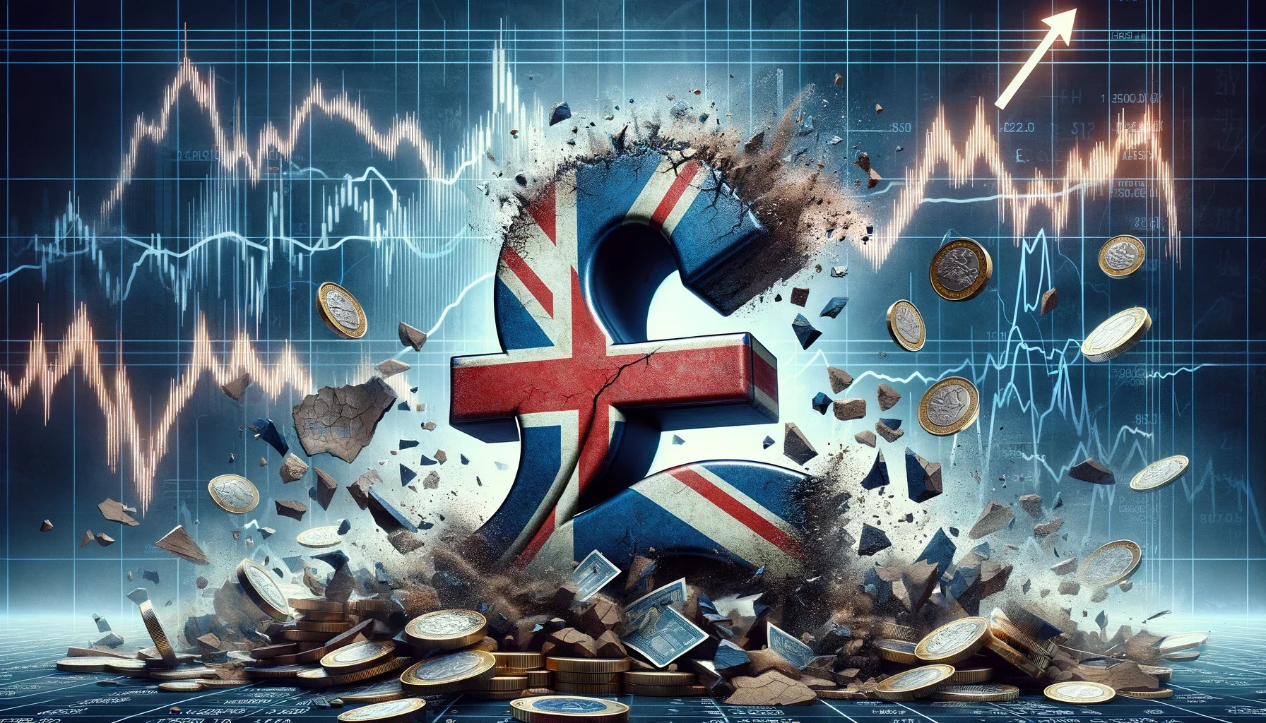 The struggles of the UK economy affecting the currency market. The image should feature a depiction of the British pound
