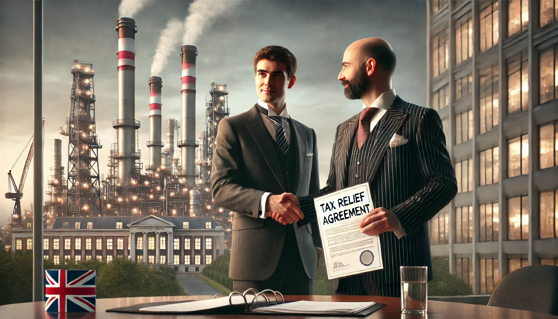 The image shows a government official shaking hands with an oil company executive in front of a modern government building and an oil refinery. The official holds a document labeled 'Tax Relief Agreement,' and the atmosphere is formal and business-like