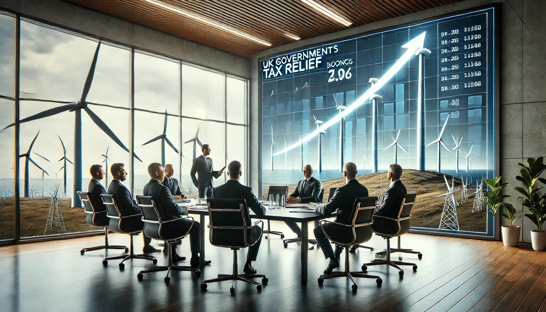The image shows a meeting room with government officials discussing policies, a graph showing an upward trend on a screen, and a wind farm visible through large windows in the background.